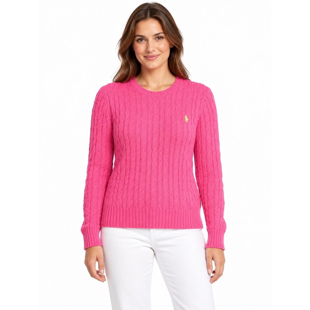 Ralph Lauren Golf Womens L Hot Pink Cable Knit Cotton Sweater Green Pony NWT